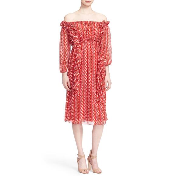 Tanya Taylor Daria Silk Midi Dress Size 8 Red Geo Print Chiffon Ruffles - Picture 11 of 12